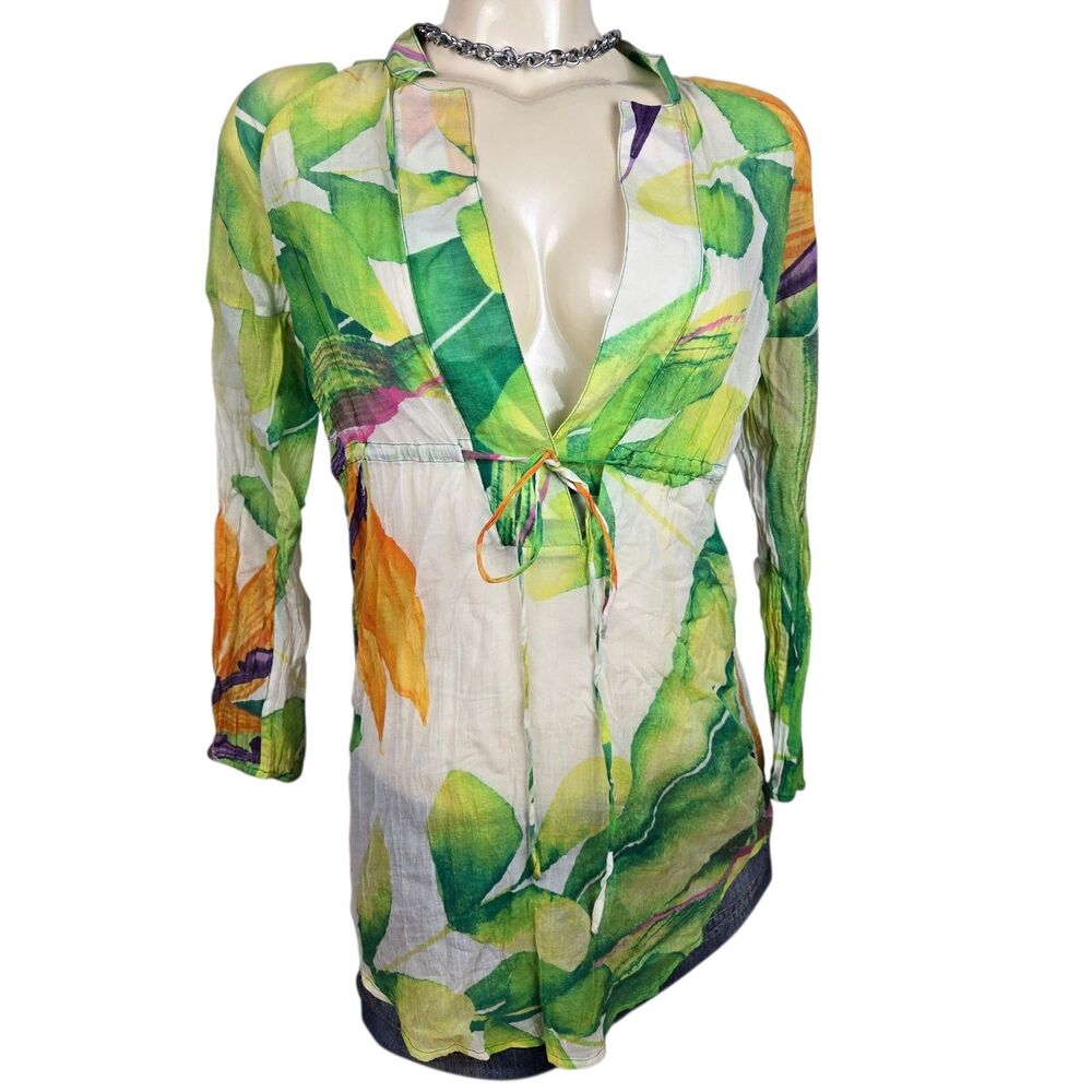 Diane Von Furstenberg Tunic Top 2 Tropical Floral Long Sleeve V-Neck Silk Blend